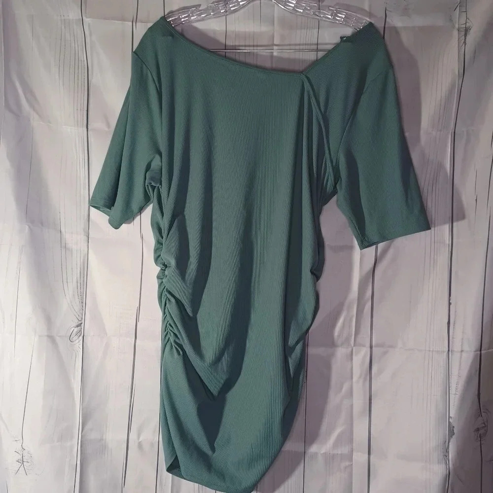 Nine West ribbed asymmetrical neckline ruched front casual top - Picture 6 of 6